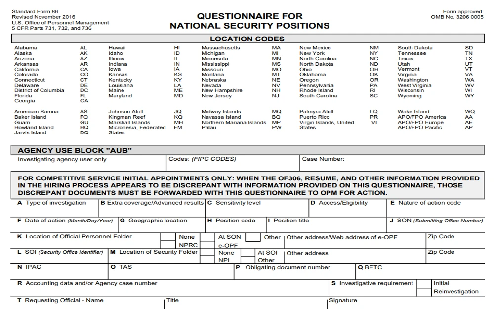 Screenhot of Standard form 86 questionnaire for national security positions with the top section of location codes, which is used with any air force background check. 