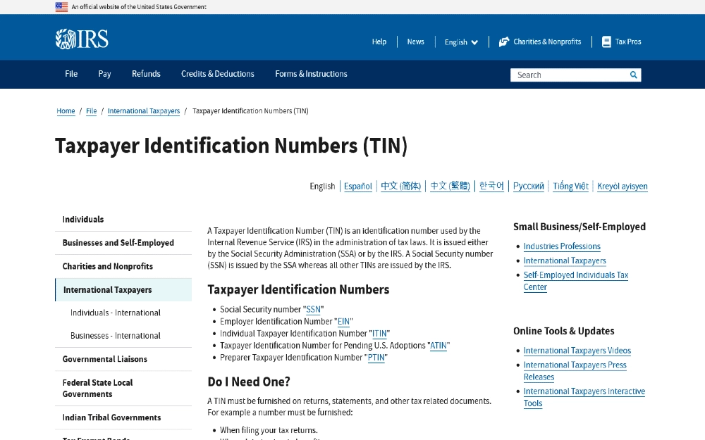 IRS website screenshot explaining tax identification numbers and how they must be connected to a valid social security number. 