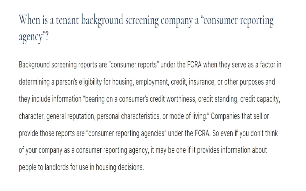 Screenshot explaining what is a tenant background screening company and why these consumer reports are part of what does a landlord see on a background check. 