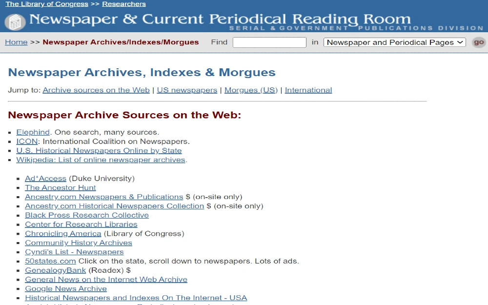 Library of Congress Newspaper and current periodical reading room screenshot for finding archived news sources online. 