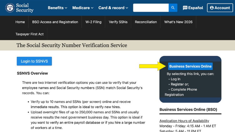 Social security number verification service with yellow arrow pointing to login for employers who need to verify identity, and is one of the answers to what causes background check delays.
