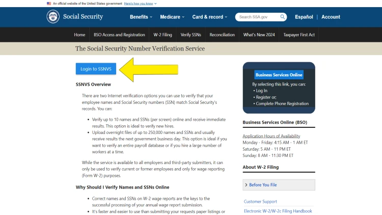 Social security number verification service with yellow arrow pointing to login for employers who need to verify identity, and is one of the answers to what causes background check delays.