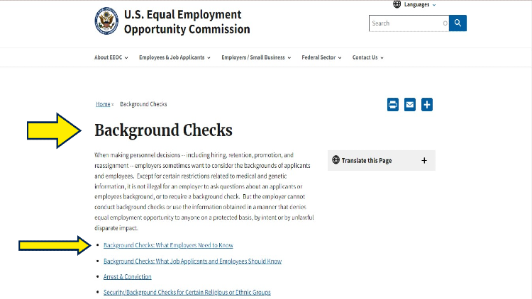 USEEOC Screenshot with yellow arrows pointing to information about background checks and what employers need to know. 