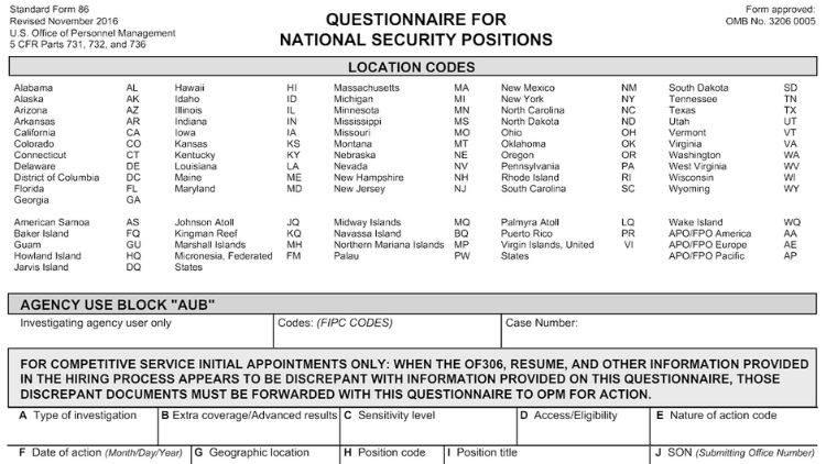 Screenshot of Standard form 86 questionnaire for national security positions with the top section of location codes, which is used with any air force background check. 