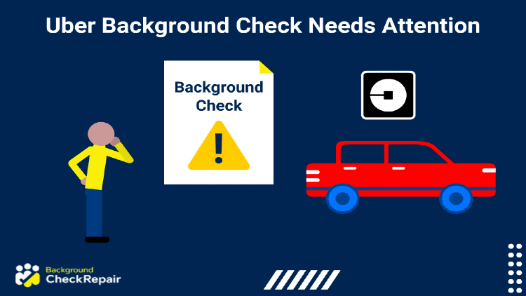 Uber background check needs attention, a man wonders why his Uber account needs attention background check message with yellow triangle and exclamation point is showing on the document while biting his nails and being nervous about background check results with his red car and Uber sign on the right.