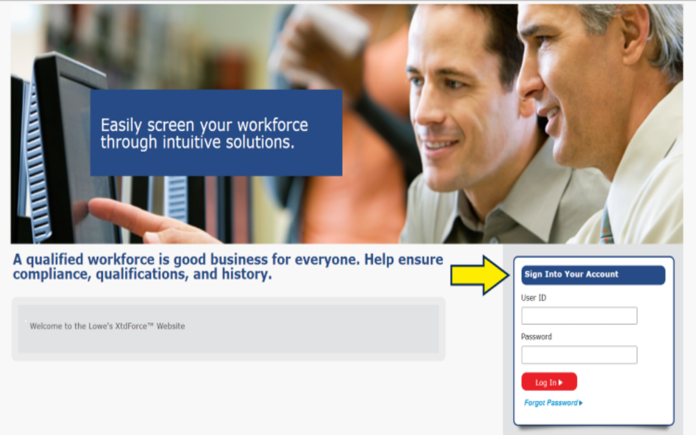 Two men point to a computer screen smiling at Lowes xtd workforce website screenshot with yellow arrow pointing to the box to login to your account. 
