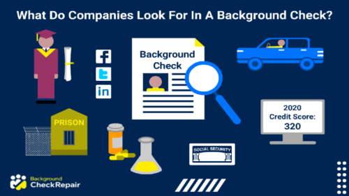 What do companies look for in a background check a graduate in a red gown and tassel holding a diploma wonders while looking at social media icons, drug test results, driving records and criminal history on a background check document in the center outlining what do most employers look for in a background check when running a public records search.
