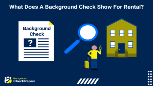 What does a background check show for rental units, a man with a suitcase and key asks himself while standing in front of a felon friendly apartment building and a background check document on the left with a question mark instead of a picture of a person.