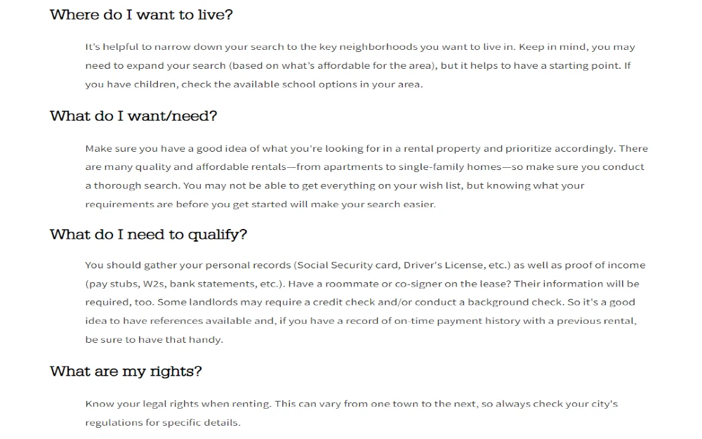 Screenshot of checklist for renting an apartment and what do people need to qualify. 