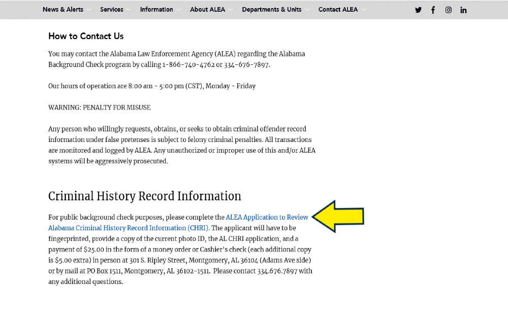 Alabama criminal history record information screenshot with yellow arrow pointing to information on how to get Alabama criminal history check done before having a failed gun background check. 