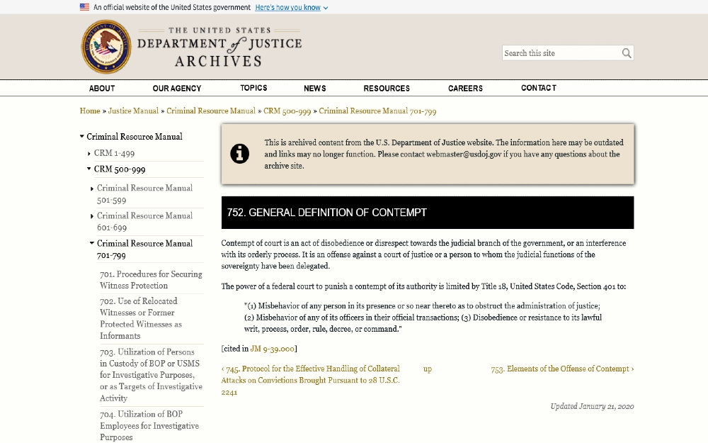 Dept of Justice archive screnshot explaining the general definition of contempt, which outlines does having a contempt of court charge go on your record. 
