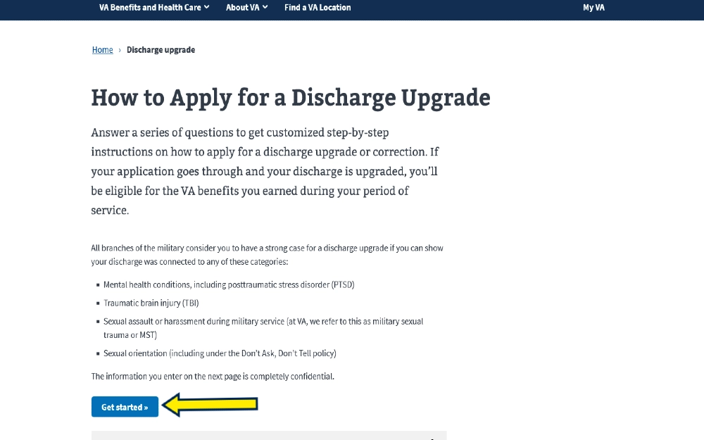 How to apply for a military discharge upgrade screenshot with yellow arrow pointing to the get started button on the page which can help determine whether an oth discharge background check shows up for civilian employment. 