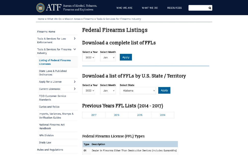 ATF Screenshot showing the federal firearms listings search feature and how to download licensed firearm dealers lists and links to show who pays for gun background checks. 