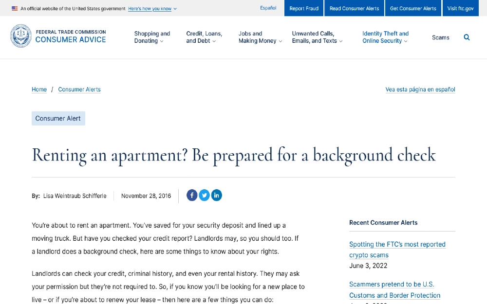 Federal trade commission consumer advice website screenshot dealing with tenant background checks for rental units and explaining that rental background check services can scan parts of the criminal and personal record. 