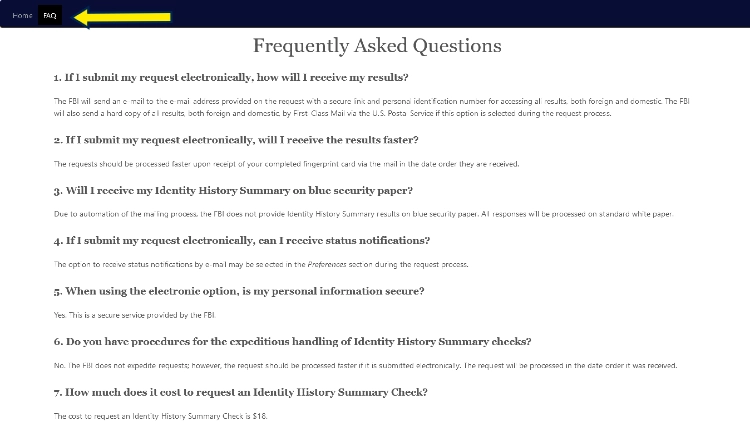 FAQ screnshot of IDHSC page, with yellow arrow pointing to FAQ heading and text showing frequently asked questions about getting a fingerprint background check. 