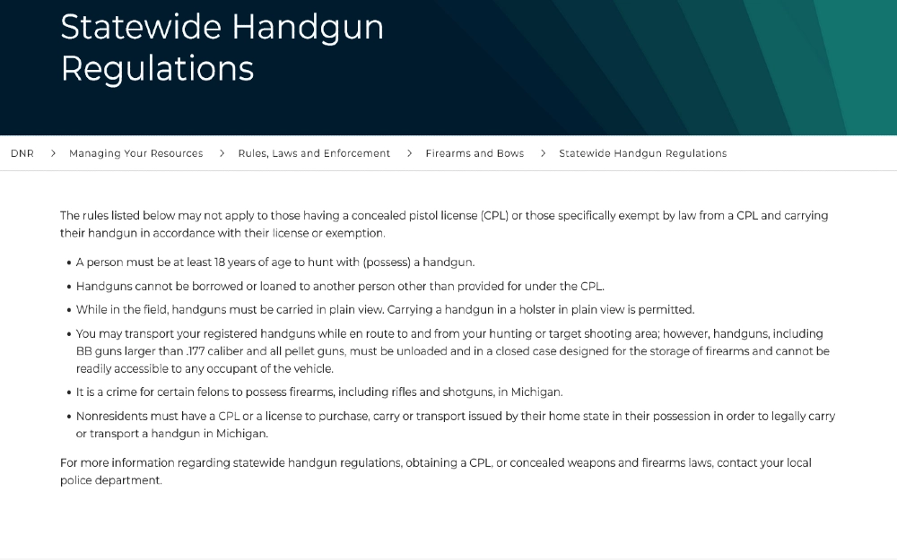 Statewide handgun regulations screenshot for Michigan handgun purchases and the laws and restrictions for posession and purchasing. 
