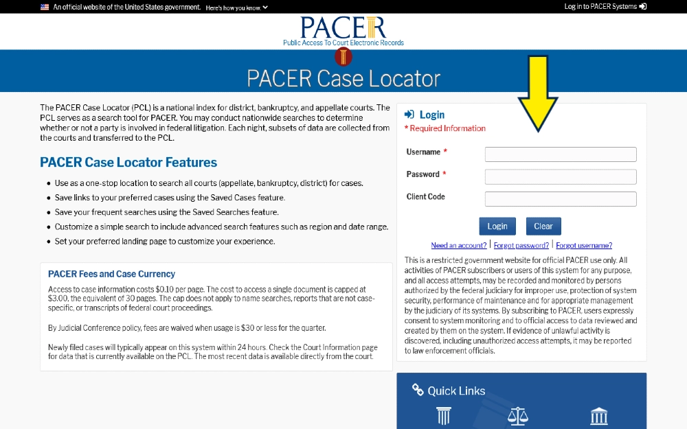Screenshot of PACER (Public Access to Court Electronic Records) Case Locator tool with yellow arrow pointing to the login boxes that allow users to search court records when wondering "how do i find my divorce date online for free." However PACER will charge ten cents per search. 