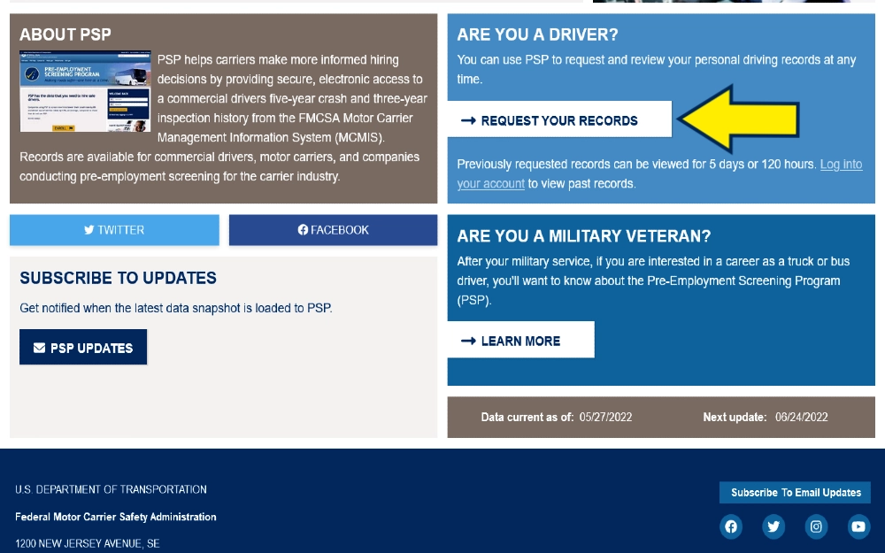 Screenshot of pre employment screensing process with yellow arrow pointing to link that allows drivers to see their driving records. 