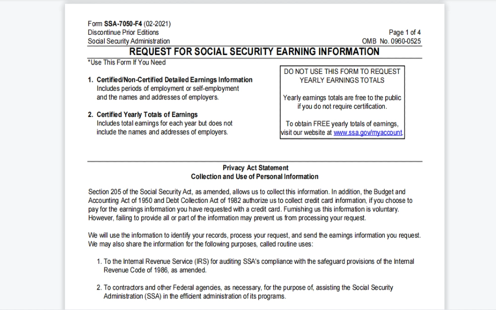 Screenshot of SSA-7050-FA Request for social security earning information that people can use to reun an employment history background check on myself. 