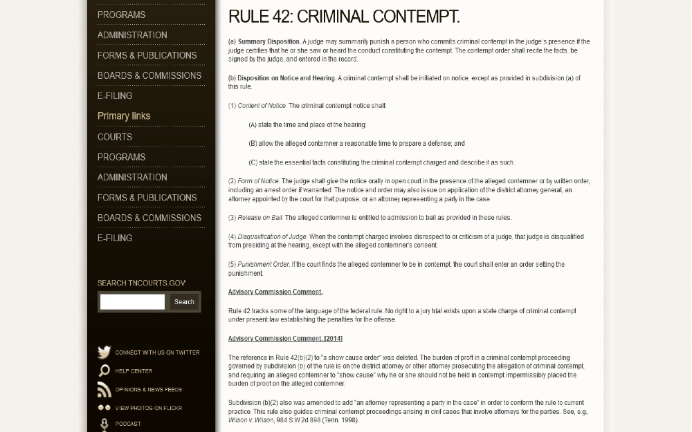 Rule 42, criminal contempt screenshot from State of Tennessee explaining what is contempt of court and when will contempt go on your record on a criminal background check. 