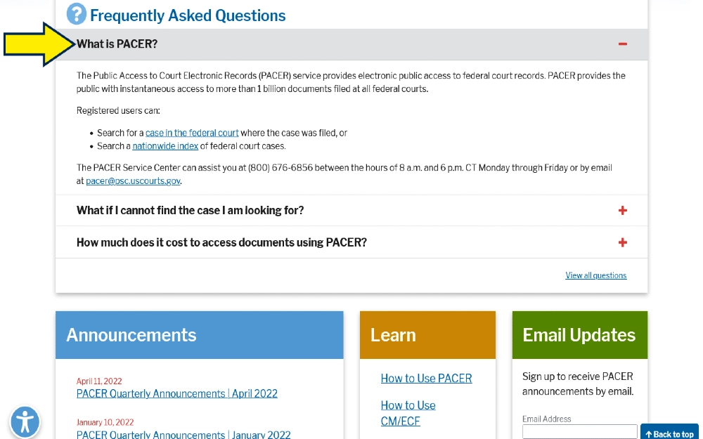 Screenshot of PACER FAQ page with arrow pointing to question "What is PACER" and the process used to find court records, like divorce date lookup tools at the federal level. 