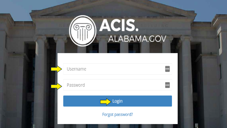 ACIS screenshot for obtaining Alabama Court records online with yellow arrows pointing to login information. 