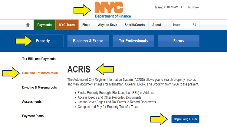 NYC Dept of finance screenshot with yellow arrows pointing to the ACRIS link portal to search for property owners in New York. 