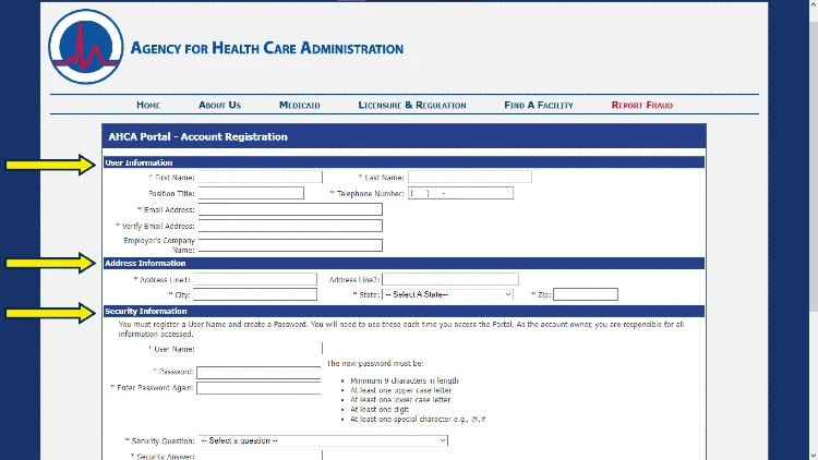 Florida AHCA website screenshot for performing background checks on health care personel. 