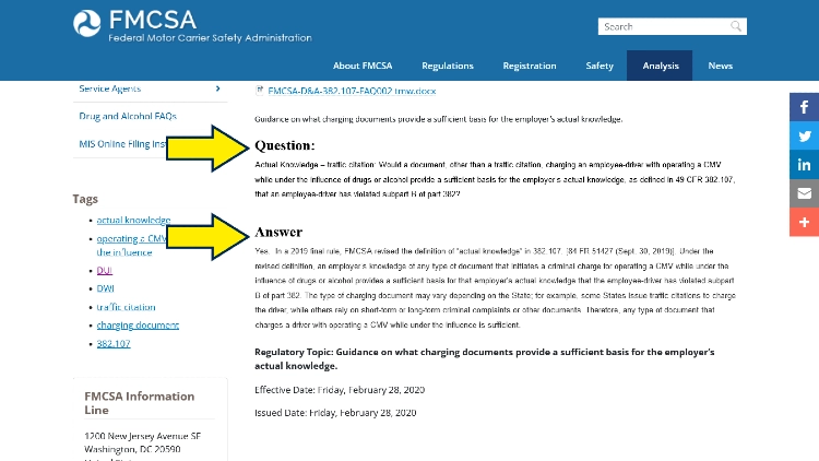 Federal Motor Carriers Safety Adminsitration Website with yellow arrows pointing to a question about does a dui show up on a background check and the answer. 