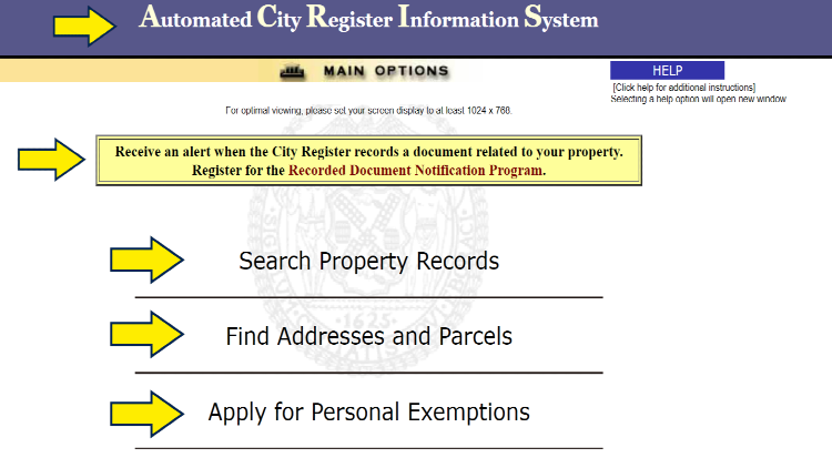 Screenshot Automated City Register Information System Used for How to find out who wons a property in PA. 