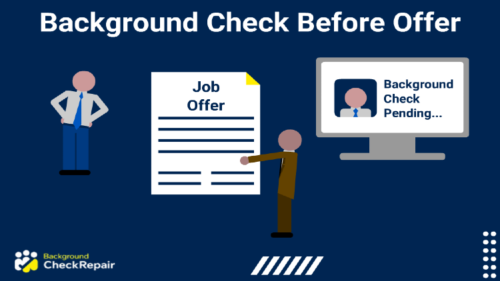 Computer screen on the right showing a pending background check before offer of a job held by a man in a brown suit in the middle is being presented to a man on the left wearing a blue tie and white shirt.