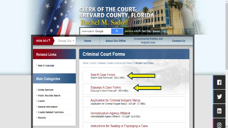 Brevard County, FL court clerk website screenshot with yellow arrows pointing to seal a case forms and expunge a case forms. 