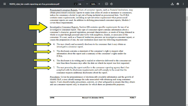 FCRA definitions describing what is an FCRA background with yellow arrows ponting to user regualtions and disclosure statements that are required by the law. 