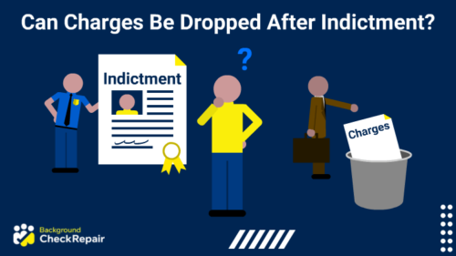 Man in the middle wonders can charges be dropped after indictment while looking at an indictment document being held by a police officer and imagining the prosecutor throwing the charges away in the garbage behind him.