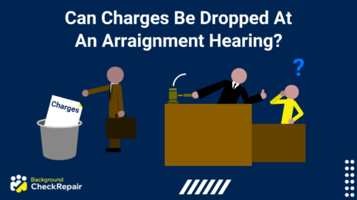 Confused defendant on the right watches with a question mark over his head as the prosecutor throws charge documents in the garbage can, thinking can charges be dropped at an arraignment hearing while a judge strikes his gavel while sitting at the bench.