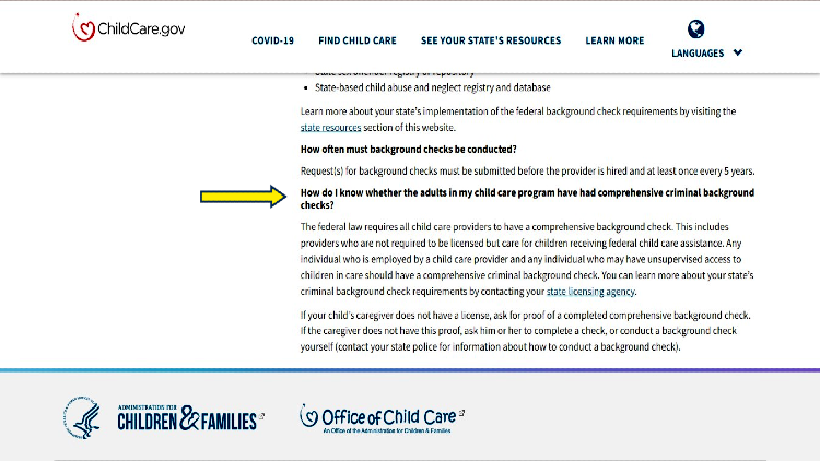 Child care.gov website screenshot with yellow arrow pointing to a FAQ about whether employees have undergone a federal background check. 