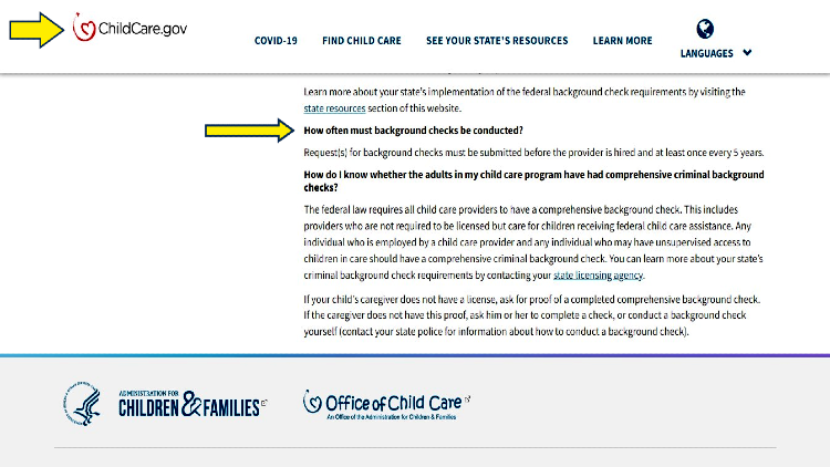 Childcare.gov screenshot with yellow arrow pointing to the question, how often must background checks be conducted on child care workers. 