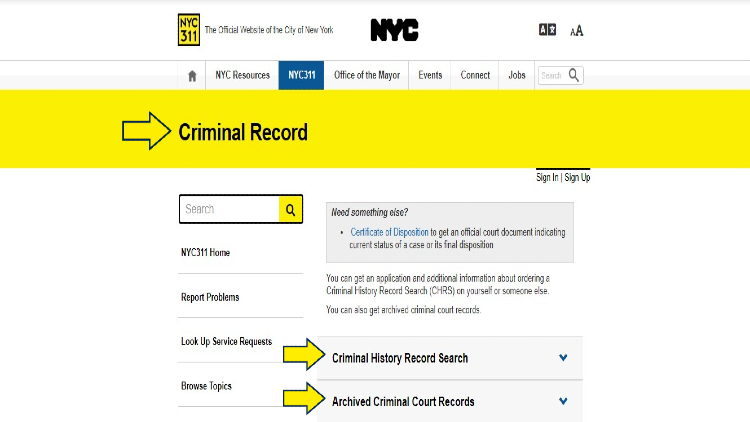 NYC Criminal record search portal screenshot with arrows pointing to archived criminal court recotrds and criminal history record search tools. 