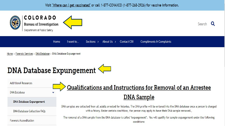 CBI Screenshot with yellow arrows pointing to qualifications and instructions regarding the removal of an arretees's DNA sample and DNA database expungement. 