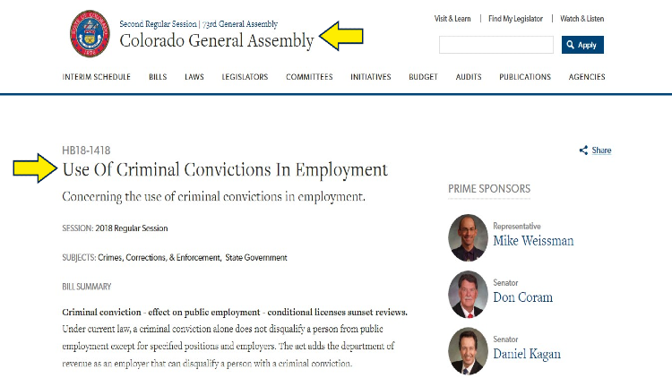 Colorado law about use of criminal convictions in employment screenshot wit yellow arrows pointing to legal statues. 