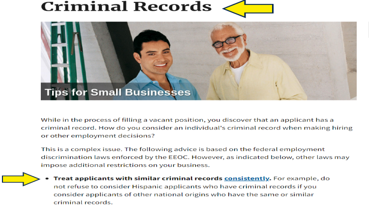 Yellow arrows pointing to criminal records and tips for small businesses when conducting backgorund checks to see previous employment history with two men smiling in front of a green ladder. 