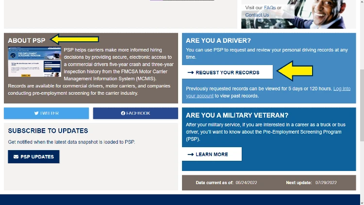 DOT pre employment screensing program screenshot with yellow arrow pointing to information about PSP program and a link for requesting your records to see will speeding ticket show up on background check. 