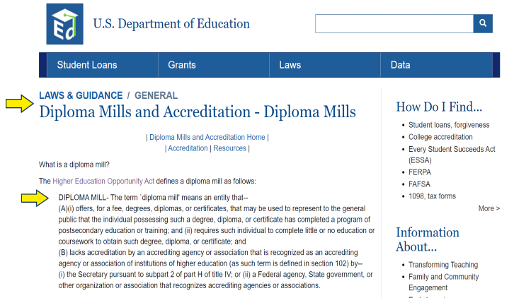 US Dept of Education screenshot explaining Diploma mills. 