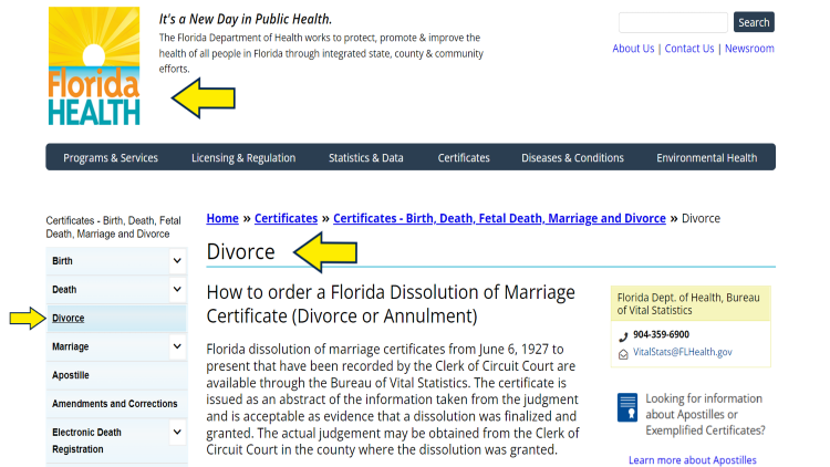 Florida Health screenshot for how to find divorce records online for free and how to order a Florida dissolution of marriage certificate. 