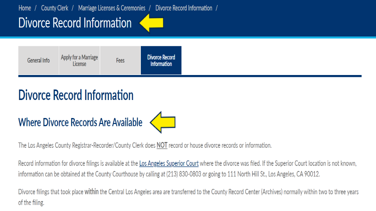 Los Angeles County Clerk screenshot with yellow arrows pointing to information for how do I get a copy of my divorce decree. 