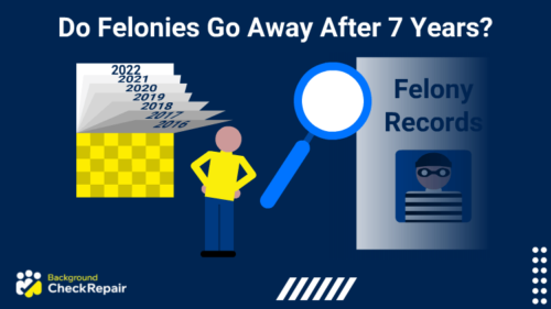 Man wondering do felonies go away after 7 years while looking at a background check with a magnifying glass on the right and a calendar on the left, showing seven years being flipped through as pages.