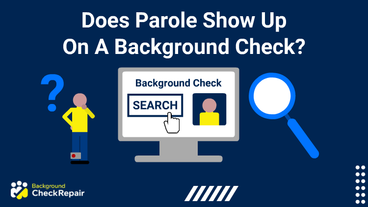 Convicted offender who is out on parole on the left looks toward a large computer screen in the middle with a background check search tool showing while wondering does parole show up on a background check.