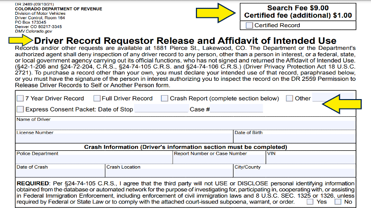 Screenshot of driver record requestor release form and affidavit for intended use for Colorado Dept of Revenue. 