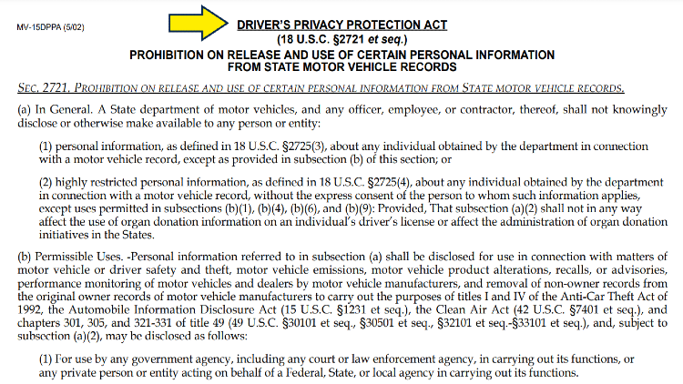 Driver's privacy protection act screenshot with yellow arrow pointing to title and written information about legal driver privacy protections. 