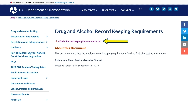 US Department of Transportation record keeping website screneshot with arrow pointing to record keeping requirements for employers. 